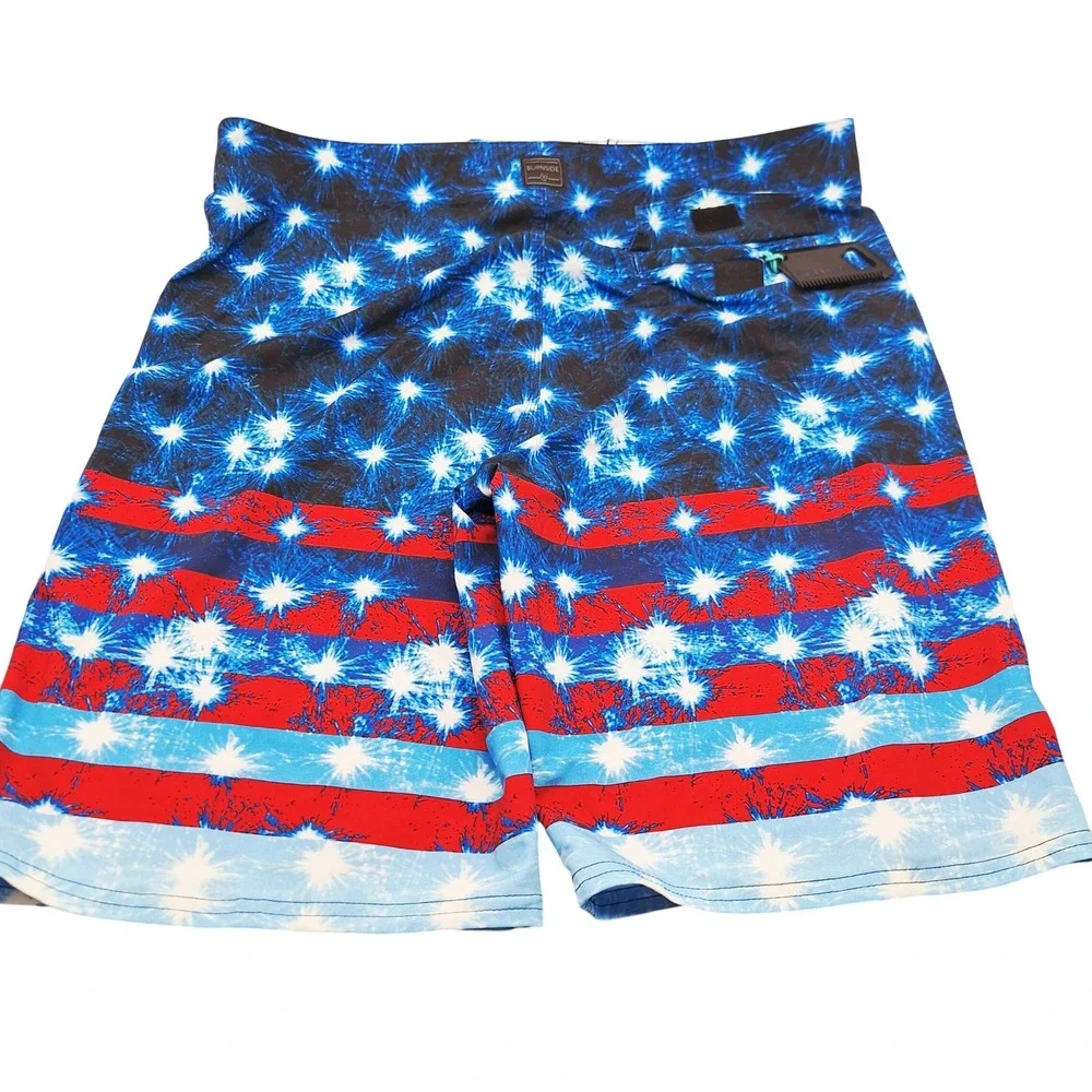 Burnside Mens Patriotic Fireworks Board Shorts Blue Red White Size 38 Pre Owned